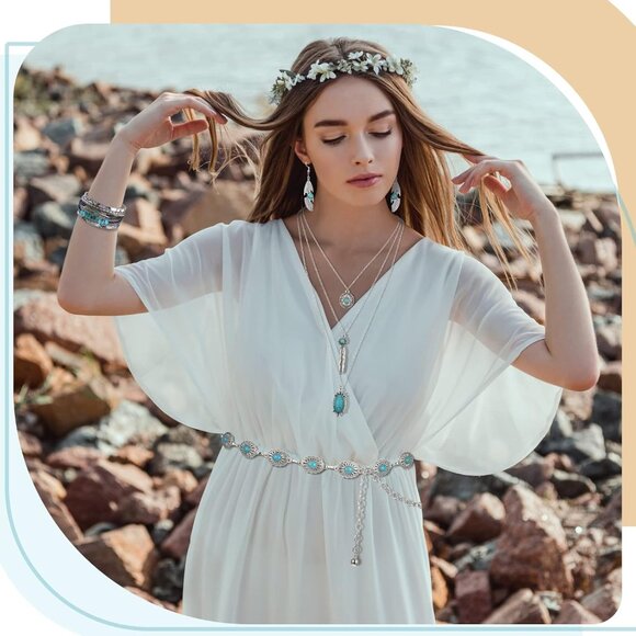 9 Pcs Western Turquoise Jewelry Set Necklace Earrings Rings Waist Chain - Picture 2 of 6